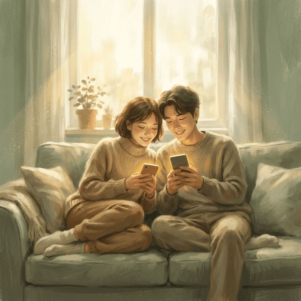 A couple side by side, each on their phone, sharing a moment of encouragement through the app
